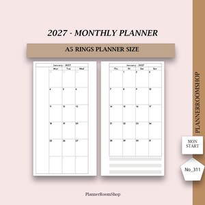 May include: A 2027 monthly planner insert for A5 rings, featuring a two-page spread for January 2027. The layout includes a Monday start calendar grid with black text on white paper. The text reads 2027 - MONTHLY PLANNER, A5 RINGS PLANNER SIZE, PLANNERROOMSHOP, MON START, and No_311.