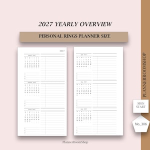 May include: A 2027 yearly overview planner insert for personal rings planners. The white pages feature black text with a Monday start calendar layout for January through June, including lined sections for notes. Text includes 2027 YEARLY OVERVIEW, PERSONAL RINGS PLANNER SIZE, PLANNERROOMSHOP, MON START, and No_306.