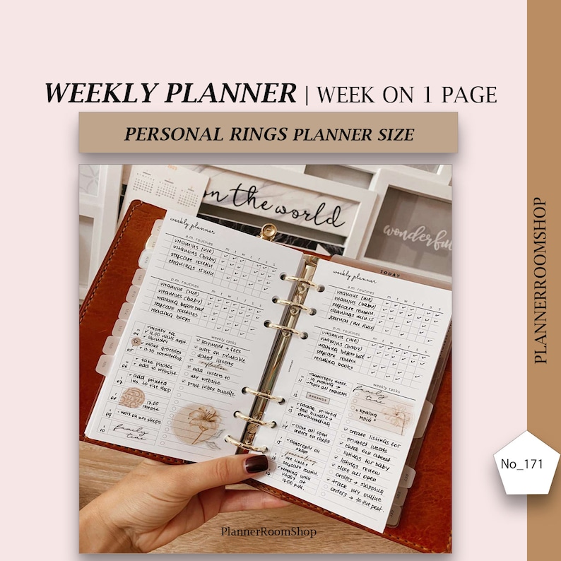 May include: A weekly planner with a white cover and gold rings. The planner is open to a weekly spread with a grid layout. The planner is labeled "weekly planner" and "today". The planner is decorated with stickers and a floral illustration.