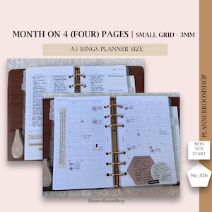 May include: A close-up of a planner with a month on four pages layout. The planner has a small grid with 3mm spacing and is designed for an A5 ring planner. The planner is open to the month of February and has a sticker on the right page that says "Mon Sun Start No_026".