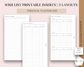 Wishlist printable inserts, Personal planner size, Printable planner list, Wishlist refill, PDF printable planner, Digital planner, 123