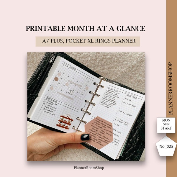 Calendario imprimible mensual, A7 plus, Pocket XL, Resumen mensual sin fecha, Plantilla mensual, Plan mensual digital, Mínimo mensual, 025