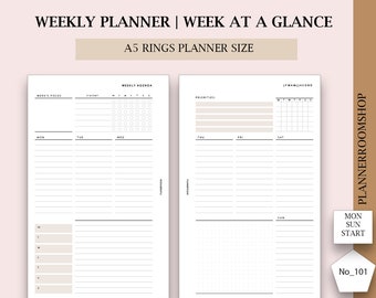 Week at a glance, A5 rings size, Weekly overview, Printable weekly inserts, Weekly template, Digital weekly planner, 101