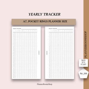 May include: Two-page spread of a yearly tracker for an A7 pocket rings planner. The pages are white with a grid of circles for tracking. The text "YEARLY TRACKER" and "A7, POCKET RINGS PLANNER SIZE" are at the top. The PlannerRoomShop logo is visible.