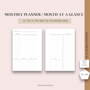 May include: Two-page spread of a monthly planner with the text "MONTHLY PLANNER | MONTH AT A GLANCE" and "A7 PLUS, POCKET XL PLANNER SIZE". The left page has a grid for notes and the right page has a calendar layout. The planner is white with black text.
