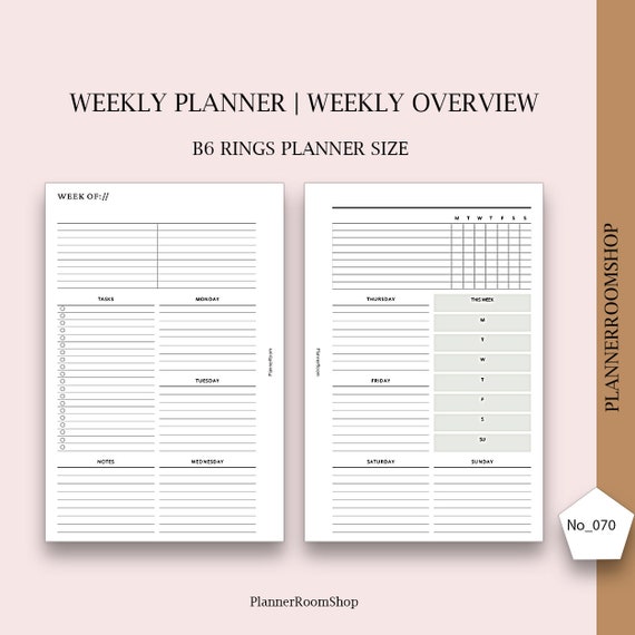 B6 Rings Inserts Weekly Printable Planner B6 Planner Size Etsy