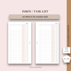 May include: Two white A6 rings planner inserts featuring an INBOX task list layout. Each page includes horizontal lines, a vertical column with pastel pink, yellow, and blue sections, and the word INBOX printed at the top right corner.