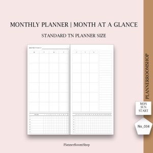 Undated Monthly Planner, Standard TN Printable Planner Inserts, MO2P Layout Template, Blank Calendar with Notes, Digital Download, 034
