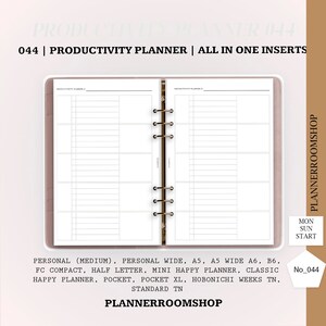 May include: Open planner with lined pages for productivity. The planner is light pink with a ring binder. Text on the image reads "PRODUCTIVITY PLANNER 044 | ALL IN ONE INSERTS" and "PLANNERROOMSHOP". The planner is available in various sizes.