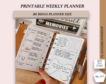 Printable ADHD weekly planner adult, Hobonichi weeks style, Week at a glance with habit tracker, B6 rings planner size, 177