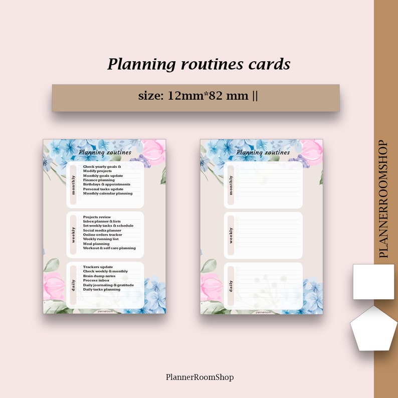May include: Two printable planning routine cards with floral designs. The cards are divided into three sections: monthly, weekly, and daily. Each section has a list of tasks to complete.