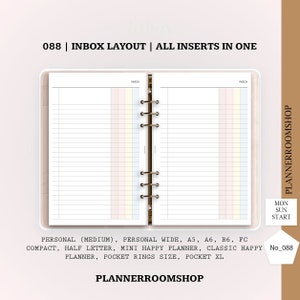 May include: Open planner with lined pages and colourful side tabs. Text reads "088 | INBOX LAYOUT | ALL INSERTS IN ONE." Includes text for various planner sizes: Personal, A5, A6, and more. The planner is open to a double-page spread.