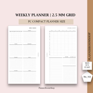 Printable weekly planner, 2.5 mm grid layout, FC Compact planner size, Horizontal minimal weekly layout, 163