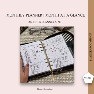 Month on two pages Printables for A6 rings size, undated monthly planner, Monthly overview, Monthly calendar, 080