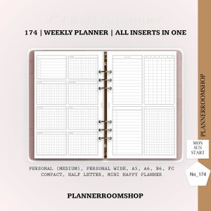 Puede incluir: Un inserto de planificador semanal con una cubierta rosa claro, con un diseño de cuadrícula para cada día de la semana. El texto "174 | WEEKLY PLANNER | ALL INSERTS IN ONE" se muestra en la parte superior. El planificador incluye secciones para notas diarias.