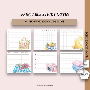May include: Printable sticky notes with six functional designs. Each note features a different watercolor illustration, including a picnic basket, lemons, a drink, a camera, and books. The text on the image reads "Printable Sticky Notes" and "6 (Six) Functional Designs."