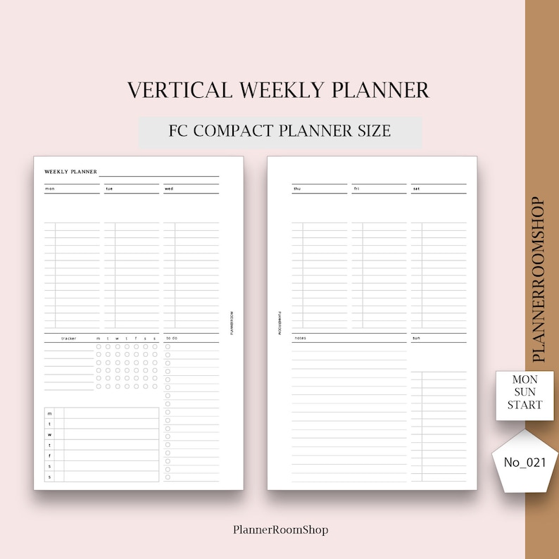 May include: A black and white printable vertical weekly planner with a section for daily tasks, a to-do list, and notes. The planner is labelled "FC Compact Planner Size" and "No_021".