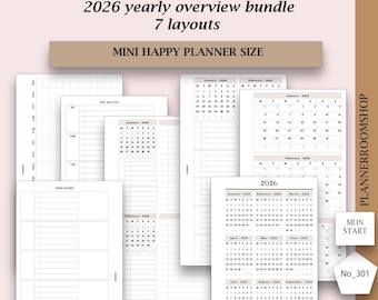 DATED 2026 ADHD planner adult, Printable Yearly planner bundle Year overview 2026 Future log calendar, Mini Happy Planner inserts, 301