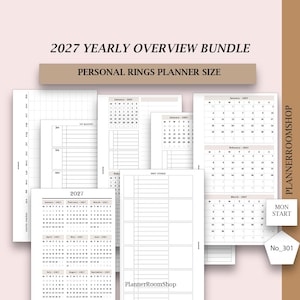 Puede incluir: Un paquete de resumen anual 2027 para agendas de anillas personales. El conjunto incluye varias hojas blancas con texto en negro, con calendarios mensuales, rastreadores anuales y hojas de objetivos. El texto incluye 2027 YEARLY OVERVIEW BUNDLE, PERSONAL RINGS PLANNER SIZE, PLANNERROOMSHOP, MON START y No_301.