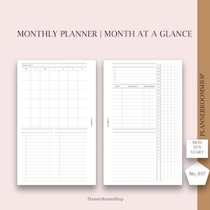 Op de afbeelding: Een printbare maandelijkse planner met een kalenderrooster en een sectie voor dagelijkse taken en notities. De planner heeft een zwart-wit ontwerp en de tekst "MONTHLY PLANNER | MONTH AT A GLANCE" bovenaan.