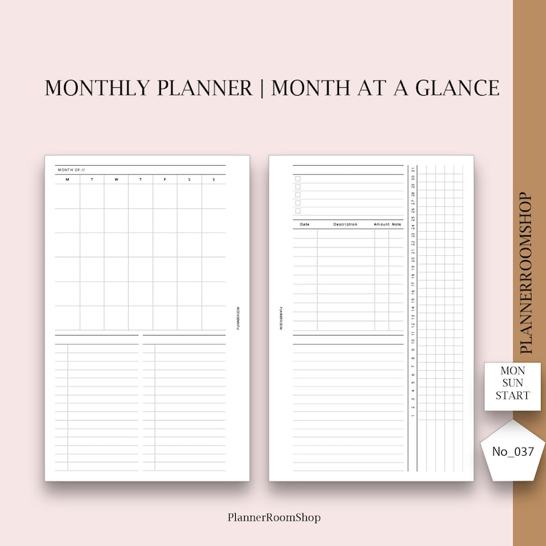 Op de afbeelding: Een printbare maandelijkse planner met een kalenderrooster en een sectie voor dagelijkse taken en notities. De planner heeft een zwart-wit ontwerp en de tekst "MONTHLY PLANNER | MONTH AT A GLANCE" bovenaan.