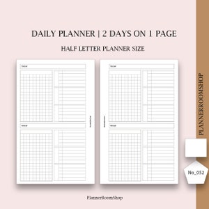 Inserciones de 2 días en una página para planificador tamaño media carta, páginas imprimibles diarias, inserciones diarias minimalistas, inserciones de media página
