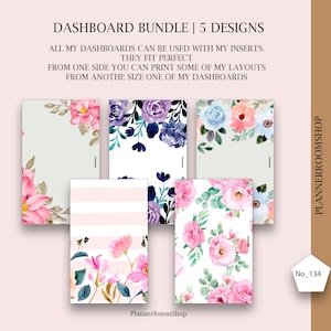 May include: Five printable dashboard designs featuring floral patterns. The designs include pink and white stripes, pink flowers on a white background, purple and blue flowers on a white background, blue and pink flowers on a light green background, and pink flowers on a white background.
