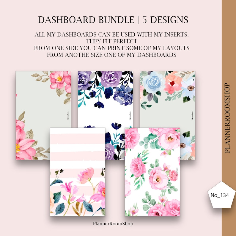 May include: Five printable dashboard designs featuring floral patterns. The designs include pink and white stripes, pink flowers on a white background, purple and blue flowers on a white background, blue and pink flowers on a light green background, and pink flowers on a white background.