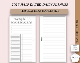 2026 HALF DATED day on 2 pages printable inserts, daily schedule with daily notes, Minimal planner, 315