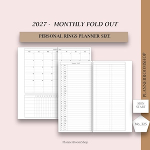 May include: A 2027 monthly fold-out planner insert for personal rings planners. The white paper features black grid lines, a monthly calendar view, and a vertical list layout with Monday start dates. Text includes 2027 - MONTHLY FOLD OUT, PERSONAL RINGS PLANNER SIZE, PLANNERROOMSHOP, MON START, and No_325.