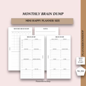May include: A set of white planner inserts with black text. The inserts include sections for monthly planning, brain dumps, and notes. The text includes "Monthly Brain Dump," "Mini Happy Planner Size," and various checklist categories. The PlannerRoomShop logo is visible.