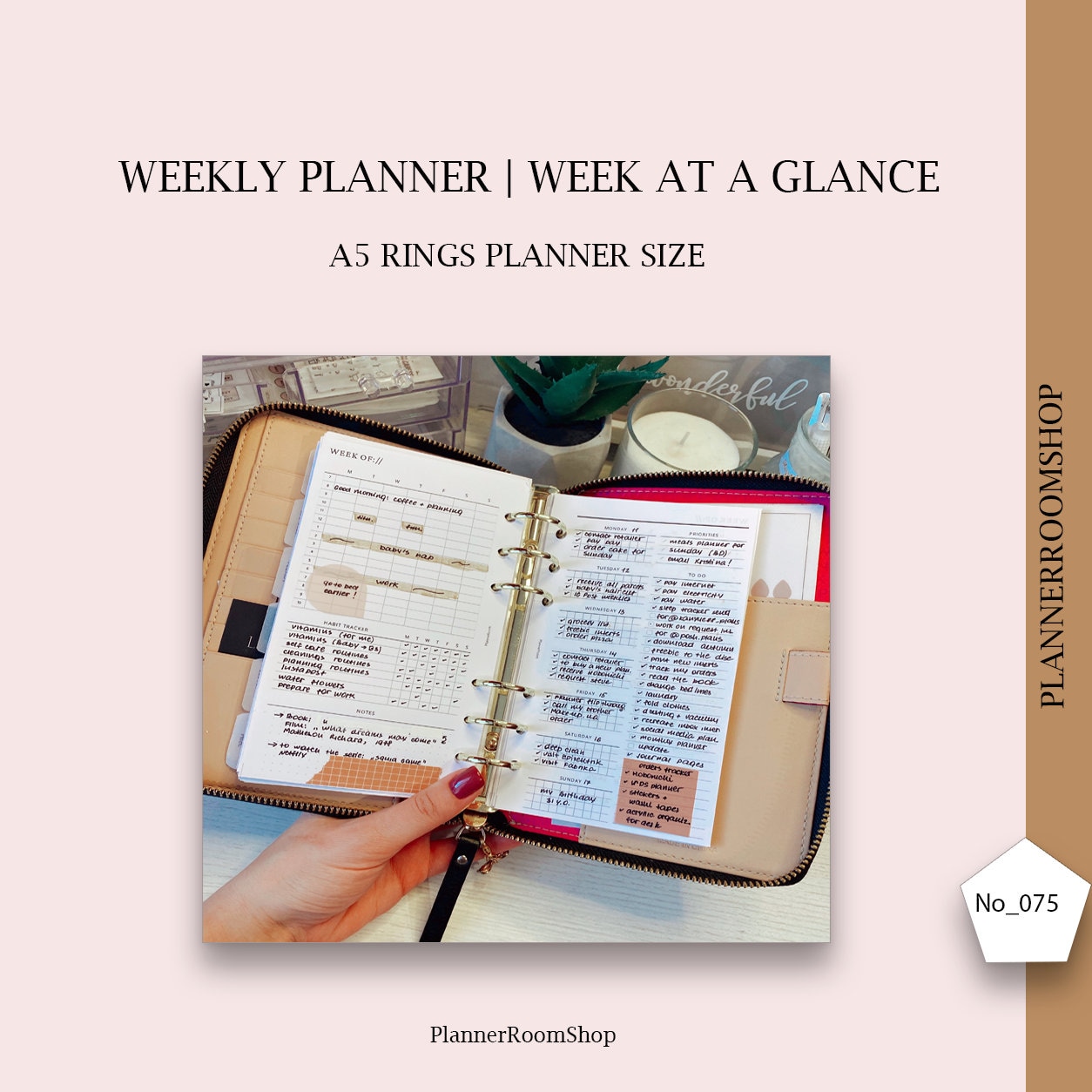Week on two pages, Printables for A5 rings planner size, minimalistic planner