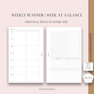May include: A white personal rings planner insert with a weekly layout and tracker. The left page features a week-at-a-glance format, while the right side includes a tracker and space for notes. Text includes "WEEKLY PLANNER" and "PLANNERROOMSHOP".