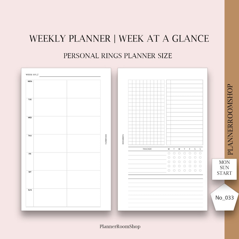 May include: A white personal rings planner insert with a weekly layout and tracker. The left page features a week-at-a-glance format, while the right side includes a tracker and space for notes. Text includes "WEEKLY PLANNER" and "PLANNERROOMSHOP".