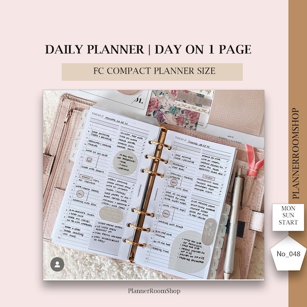 Daily Planne,  FC Compact Size Printable Inserts, Schedule Template, To Do List, Money Tracker, Organizer Sheet PDF, Digital Download, 048