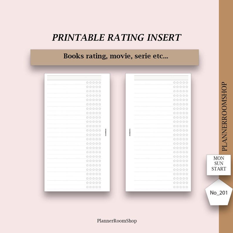 Rating Printable Planner Inserts, Books Log Rating, Movie Rating, Book