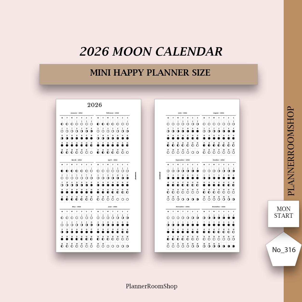 2026 Dated Moon Calendar, Printable Inserts, Moon Phase Calendar
