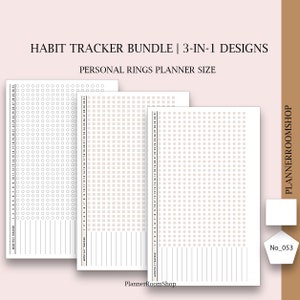 Op de afbeelding: Drie printbare habit tracker-ontwerpen voor een persoonlijke ringplanner. De ontwerpen bevatten een raster van cirkels, vierkanten en stippen. Elk ontwerp heeft een koptekst met de tekst "Maandelijkse tracker" en een genummerde schaal aan de zijkant.
