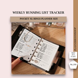 May include: A black leather planner with a weekly running list tracker. The planner is open to a page with a checklist and handwritten notes. The text "WEEKLY RUNNING LIST TRACKER" and "POCKET XL RINGS PLANNER SIZE" are visible.