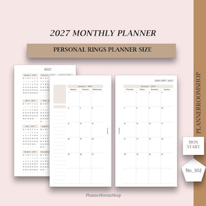 Könnte beinhalten: Ein monatlicher Planer für 2027 im Personal-Ringplaner-Format. Das Layout umfasst eine Jahresübersicht und eine zweiseitige Monatsansicht für Januar 2027 mit Wochenbeginn am Montag. Design mit schwarzem Text auf weißem Papier und beigen Akzenten.