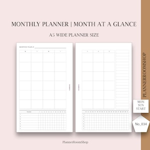 A5 wide inserts, Monthly Planner Printable, Minimalist Planner,  Undated Month on Two Pages Monday Start, Month at a glance, 034