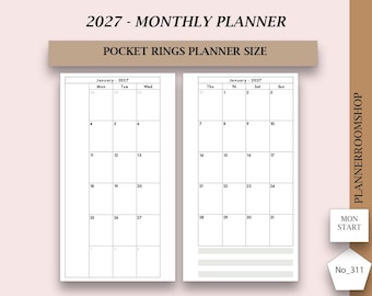 May include: A 2027 monthly planner insert for pocket rings, featuring a two-page spread for January 2027 with a Monday start. The layout includes a grid calendar, black text, and three horizontal gray lines at the bottom. Text includes PLANNERROOMSHOP, MON START, and No_311.