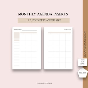 Puede incluir: Un inserto de agenda mensual imprimible para agendas de bolsillo A7. El inserto tiene un diseño simple con fondo blanco y líneas negras. El texto "MONTHLY AGENDA" está en la parte superior de la página. El texto "JEMAMIJA SONO" está en la parte superior de la página derecha. El texto "MON SUN START" y "No_111" están en la parte inferior de la página derecha.