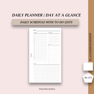May include: A black and white daily planner printable with the text "Daily Planner | Day at a Glance" and "Daily Schedule with To Do Lists". The planner has sections for "Today", "Schedule", "Priorities", "To Do", "Notes", and "Achievements".