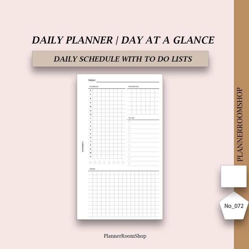 May include: A black and white daily planner printable with the text "Daily Planner | Day at a Glance" and "Daily Schedule with To Do Lists". The planner has sections for "Today", "Schedule", "Priorities", "To Do", "Notes", and "Achievements".