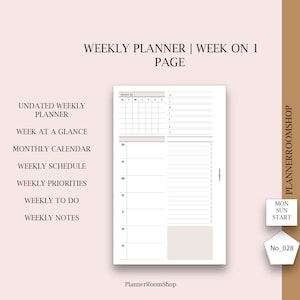 May include: A printable weekly planner with a week-on-one-page layout. The planner includes sections for a monthly calendar, weekly schedule, priorities, to-do list, and notes. The planner is undated and has a minimalist design.