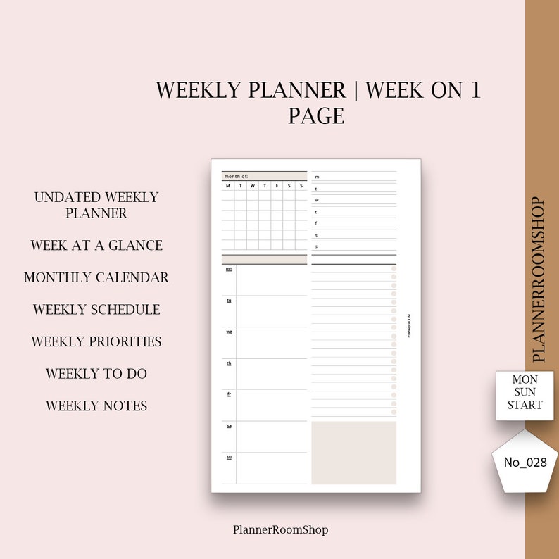 May include: A printable weekly planner with a week-on-one-page layout. The planner includes sections for a monthly calendar, weekly schedule, priorities, to-do list, and notes. The planner is undated and has a minimalist design.