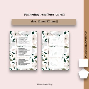 May include: Printable planning routine cards with a floral design in shades of green, white, and beige. The cards are divided into three sections: daily, weekly, and monthly. Each section has a list of tasks to complete.