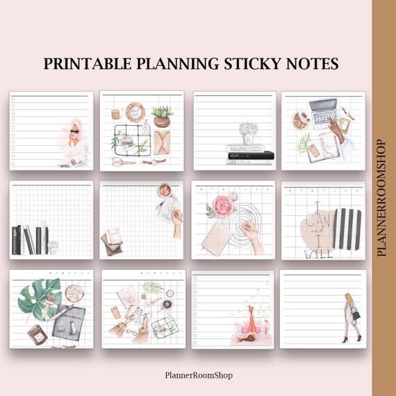 Printable Planning Sticky Notes with deco, Template Sticky Notes, PDF sticky notes, Digital sticky notes, Sticky notes set