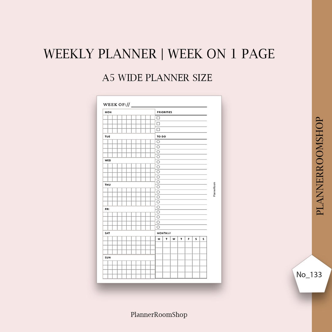 Week on One Page Printable A5 Wide Planner Inserts, Weekly 1 Page ...